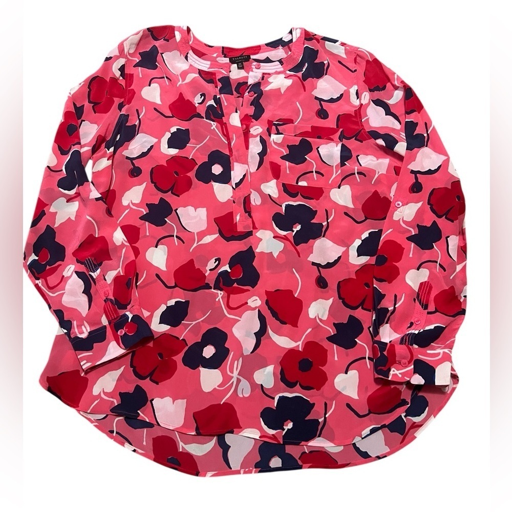 Talbots washable silk vibrant pink, red, navy floral pull over blouse 100% silk